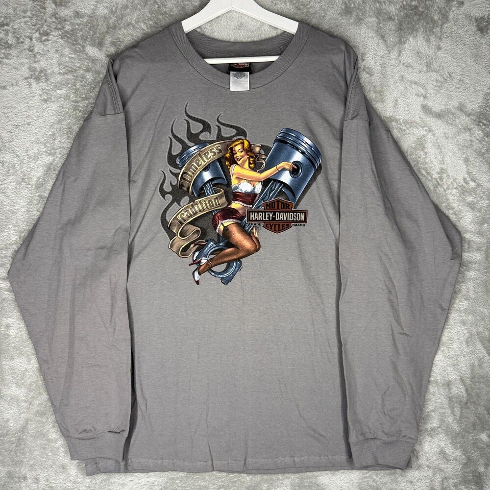 Vtg Harley Davidson T-Shirt Mens 2XL Long Sleeve Graphic Pinup Girl Eagle Rock